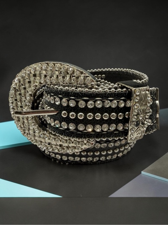 BTS Accessories - Y2K BTS 2742 Rhinestone Genuine Leather Black Western Belt Small 32-36.5 READ